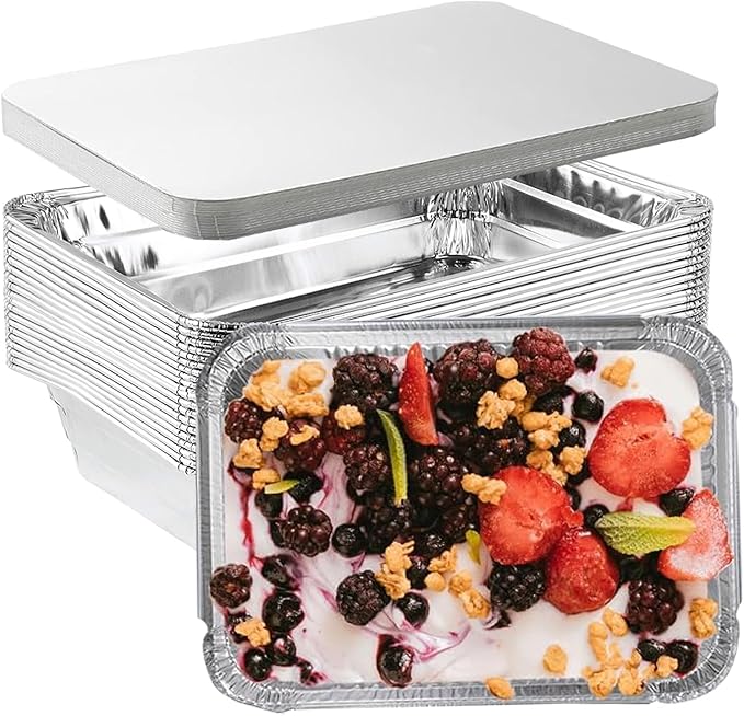 25 Pack Disposable Aluminum Pans with Lids, 2.25LB Capacity Tin Foil Pans, 8.5”x 6" Takeout Pans for Cooking, Baking, Heating, Storing