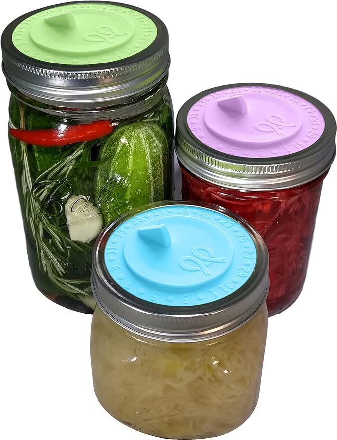 7pack Maintenance airlock waterless fermentation lids for wide mouth mason jars. Make Sauerkraut, Kimchi, Pickles, any fermented vegetable probiotic foods. BPA, mold free, dishwasher safe.