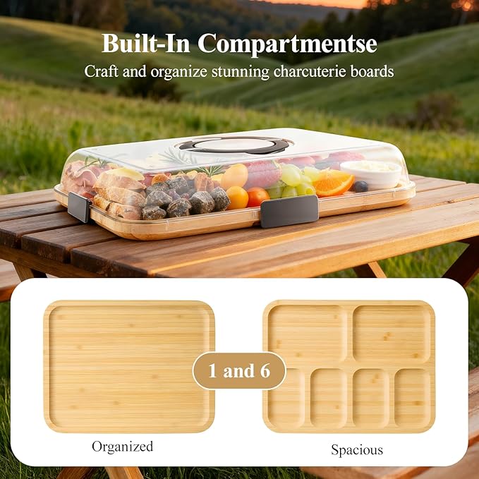 Charcuterie Board Set with Lid, Travel Portable Design Bamboo Cheese Board, Gift for Housewarming, Christmas, Weddings, Picnics (1 Compartment)