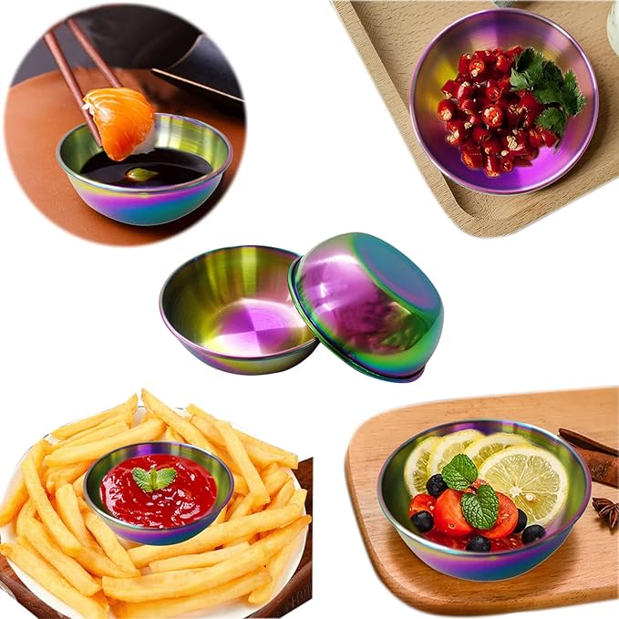8Pcs Mini Stainless Steel Dipping Sauce Bowls, Dishes, Round Seasoning Saucers, Small Individual Appetizer Plates, Sushi Dipping Bowl, Rainbow 3.27"x3.27"x1.14"