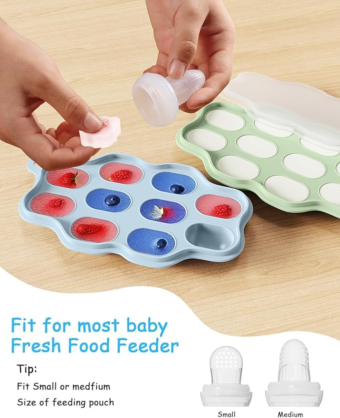 Baby Food Freezer Tray with Lid 2 Pack, Silicone Baby Food Storage Containers, Breastmilk Popsicle Mold, Small Ice Cube Tray for Homemade Baby Food（Blue/Green）