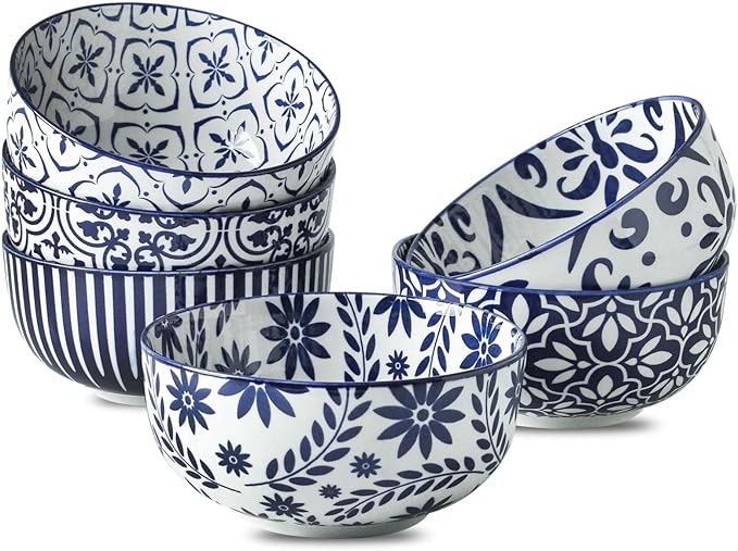 Cereal Bowls, 28 Ounce Ceramic Soup Bowls Set of 6, Bowl Set for Rice Salad Fruit Dessert Oatmeal Snack Ice Cream,Microwave & Dishwasher Safe, Bohemian Blue & White