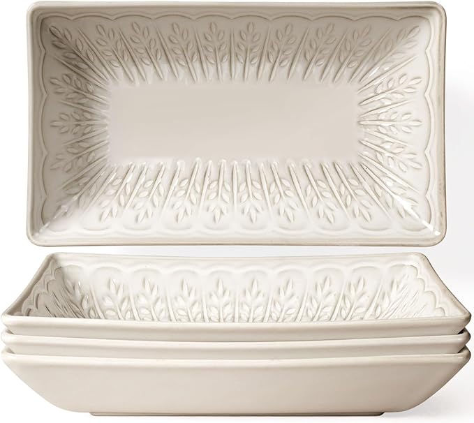 Artena 9.85" Ceramic Rectangle Plates Set of 4 - Deep Lipped Edges, Appetizer Salad Sushi Pasta Dessert Plates, Microwave/Oven Safe, Cute Kitchen Dinner Restaurant Serving Dishes (Wheat Leaf)