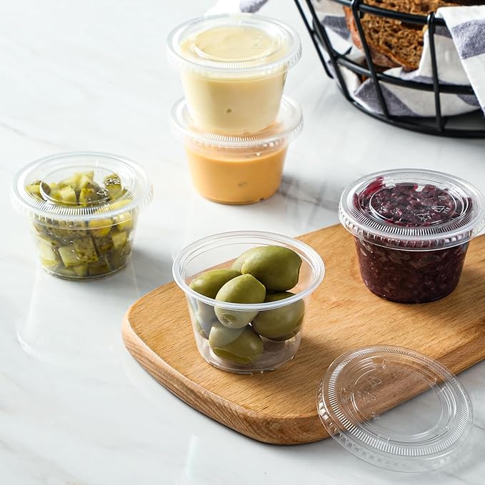 AOZITA 100 Sets - 4 oz Portion Cups With Lids, Jello Shot Cups, Small Plastic Containers, Airtight and Stackable Souffle Cups