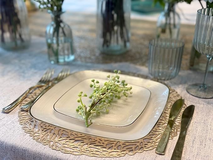 " OCCASIONS " 50 Plates Pack (25 Guests)-Wedding Party Disposable Plastic Plate Set -25 x 10'' Dinner + 25 x 7'' Salad & Dessert plates (Belize Square in Ivory & Gold)
