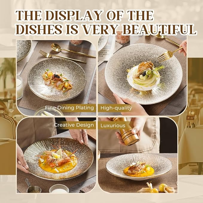 Akita Series 9.7-Inch Round Platter Set of 4, Gold Starburst Design with White Speckles, Food-Safe Porcelain for Entertaining & Holiday Gifting