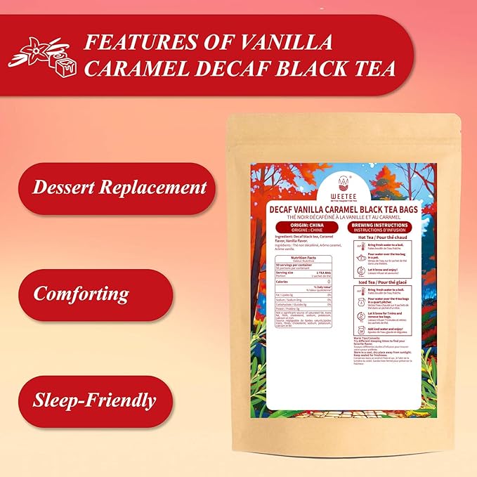 WT WEETEE Decaf Vanilla Caramel Black Tea, 50 Count CO2 Decaffeinated Black Tea Bags | Caramel Vanilla Flavored | Smooth & Mellow Dessert-Inspired