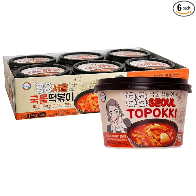 Surasang Korean Tteokbokki Cup - Korean Street Food, Classic Sweet & Spicy Sauce, Instant 2-Minute Microwave Meal, Traditional Tteokbokki Rice Cakes, 6 oz – Pack of 6