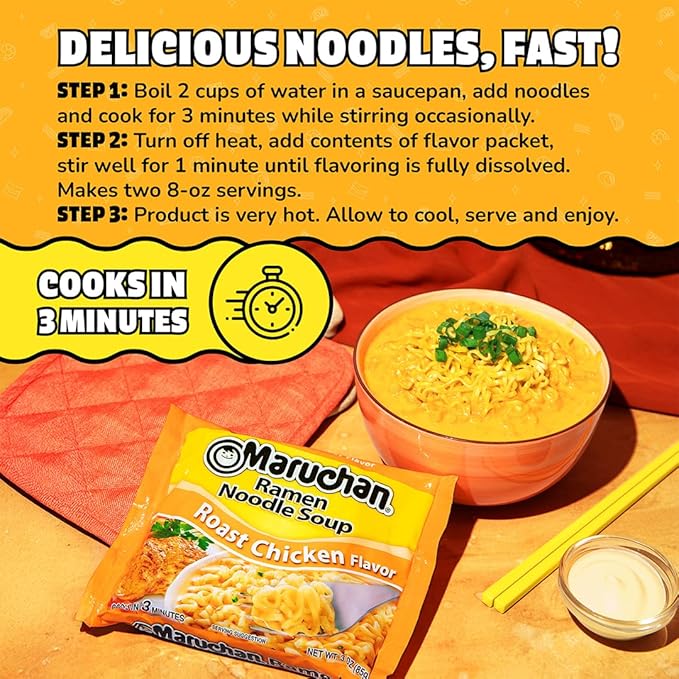 Maruchan Ramen Noodle Soup, Roast Chicken Flavor – Japanese-Style Instant Noodles, Quick & Easy Meal for Students & Busy Families – 3 Oz. (24 Pack)