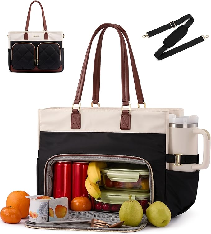 LOVEVOOK Lunch Tote Bag for Women, 17.3 Inch Laptop Tote with Insulated Lunch Compartment, Large Capacity Lunch Bag for Work, Business, Daily, Outdoors, Black & Brown