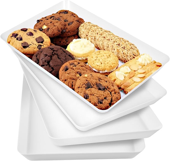 DCA 4 Pack Plastic Serving Trays, Stackable & Lightweight Set for Parties, BBQ, Camping, Desserts & Snacks – Perfect for Hostess Gifts & Kitchen Organization, BPA Free, White