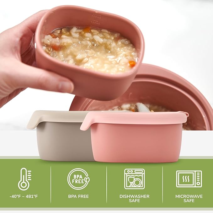 Silicone Baby Food Storage Containers with Airtight Lid, BPA-Free Leak-Proof Baby Food Jars, Microwave & Dishwasher Safe Reusable Snack Containers with Lids for Baby Led Weaning, Dry Rose