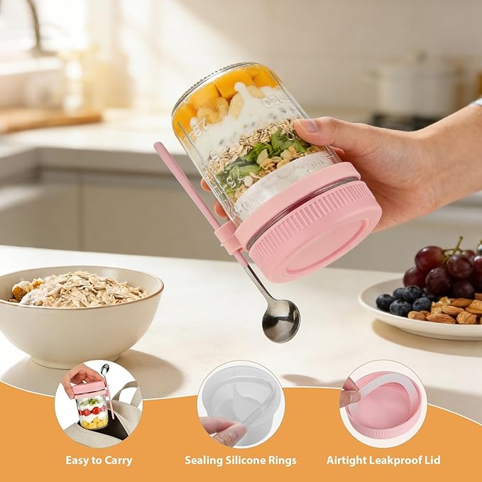 Overnight Oats Containers with Lids and Spoon - 6 Pack 16 oz Glass Mason Jars with Separate Compartments Leakproof Airtight Chia Pudding Salad Yogurt Parfait Cups for Oatmeal Cereal Meal Prep