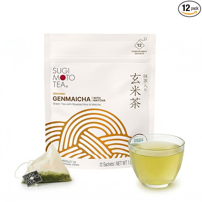 SUGIMOTO TEA Japanese Organic Genmaicha with Matcha Green Tea Bags 12 Count