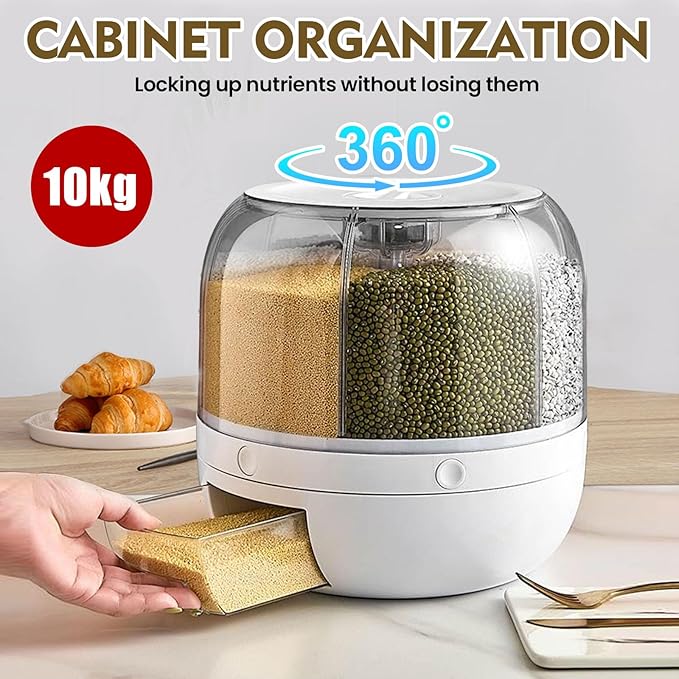 Grain Storage Container Dispenser, 6 Grids Rice Dispenser Rotating, 360° Rotating Food Dispenser One-Click Output Rice Storage Round Grain Dispenser Kitchen for Small Grains, Beans, Rice