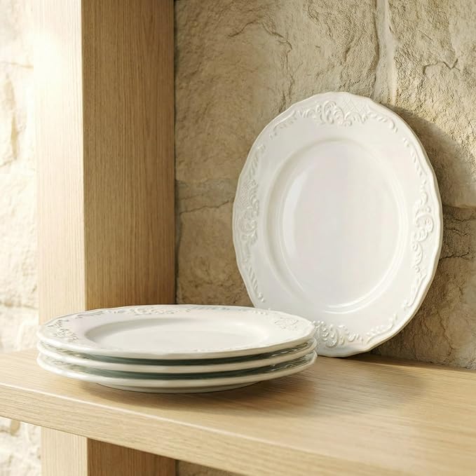 Ceramic dinner plate set (4 pieces), ceramic dinner plates, embossed salad plates, kitchen porcelain tableware, microwave/oven/dishwasher safe, scratch resistant. (off-white1)