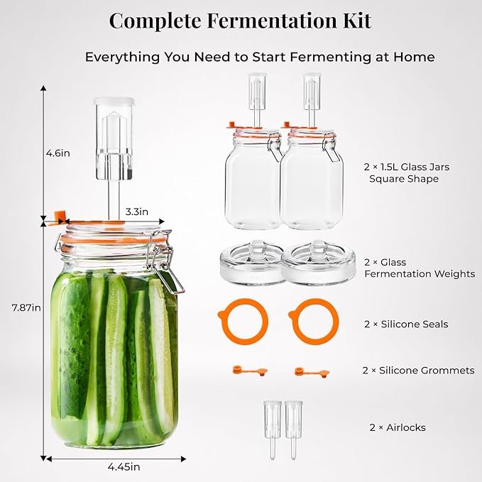 JILLMO Wide Mouth Glass Fermentation Jar with Airlock & Glass Weight, 1.5L Fermenting Jar for Sauerkraut, Kimchi, Pickles & More,Pack of 2