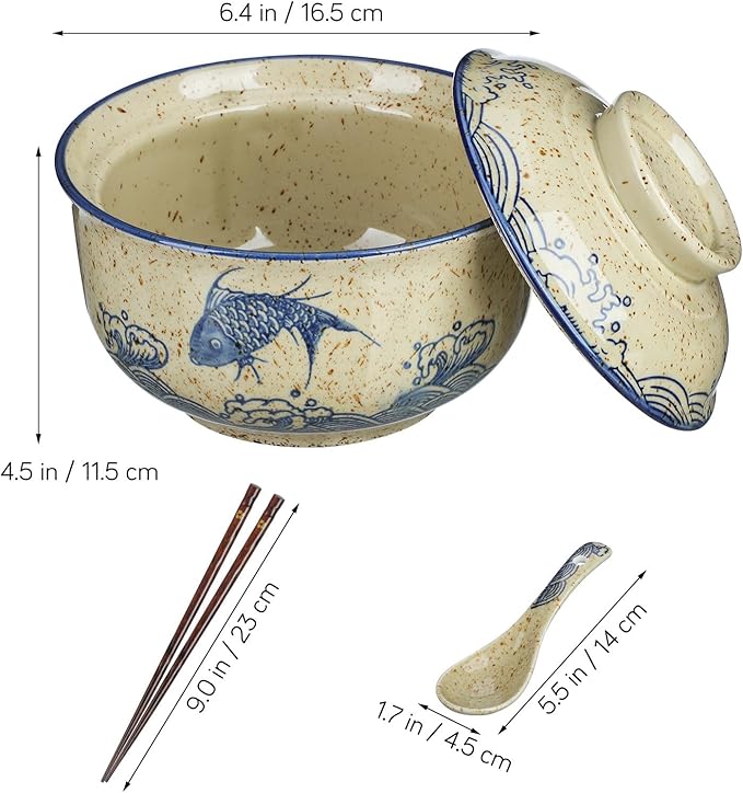 Cabilock 2 Pieces Ceramic Ramen Bowls, 25 Oz Large Soup Bowl with Lid, Spoon Chopstick Japanese Tableware for Noodles, Salad, Rice, Microwave Dishwasher Korean Clay Pot - Fish