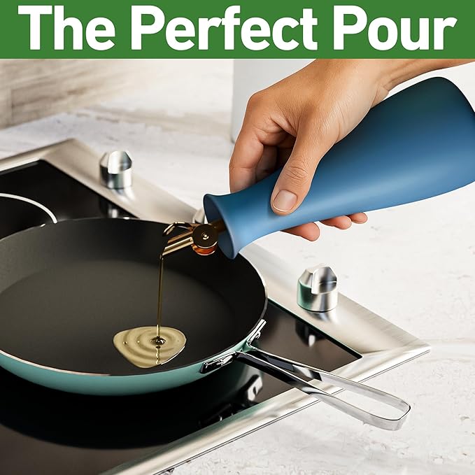 Ceramic Olive Oil Dispenser with Self-Closing Gold Spout - 530 ML Capacity Matte Blue Ceramic Oil Dispenser for Kitchen - Leak Proof EVOO Dispensing Bottle - Stylish, Ergonomic, Durable, Easy Pour