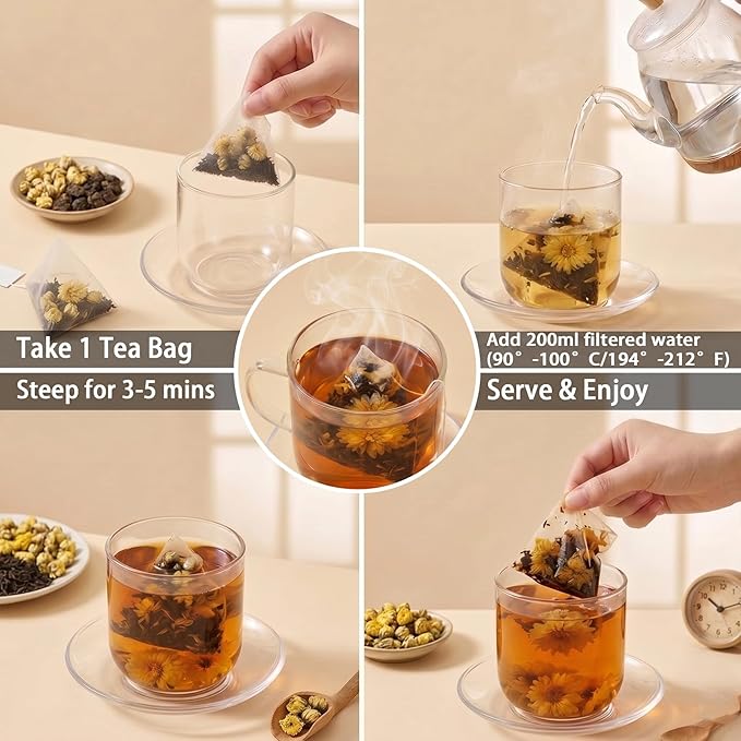 Chrysanthemum Pu-erh Tea Bags – 20 Pyramid Sachets | Floral Ripe Pu-erh Black Tea Blend, Individually Wrapped | Hot or Iced