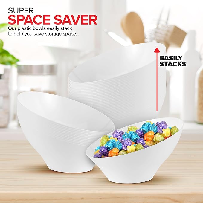20oz White Plastic Serving Bowls (4 Pack) Medium Disposable Snack Bowl Candy Dishes, Buffet Containers for Chips, Popcorn, Snacks, Mints, Salad Bar, Parties, Office Desk, Bridal Shower, Party Supplies