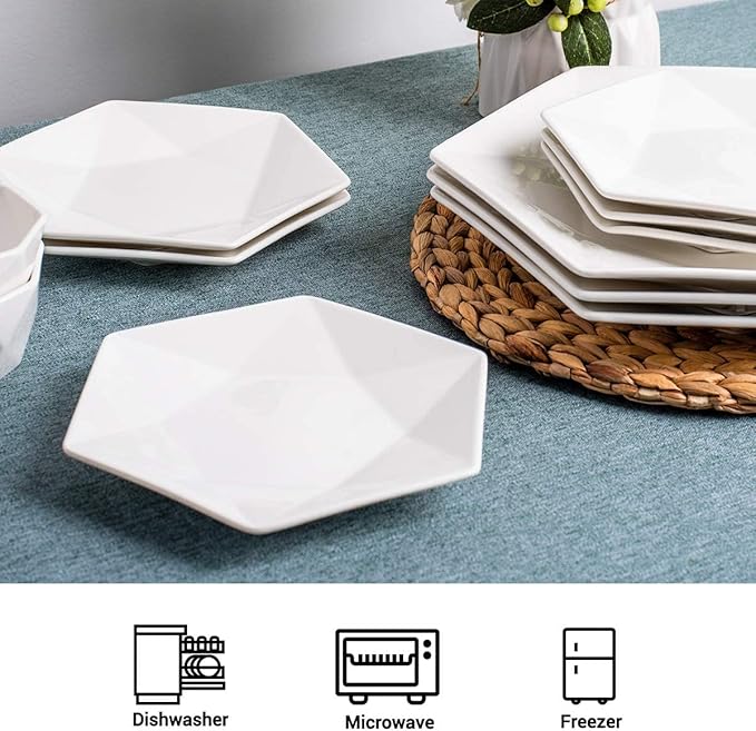DELLING 7 Inch Appetizer Plates Set of 6, Porcelain Small Dessert Plates, White Ceramic Salad Plates for Snacks Bread Cheese Fruit, Microwave Dishwasher Oven Safe, Geometric Design