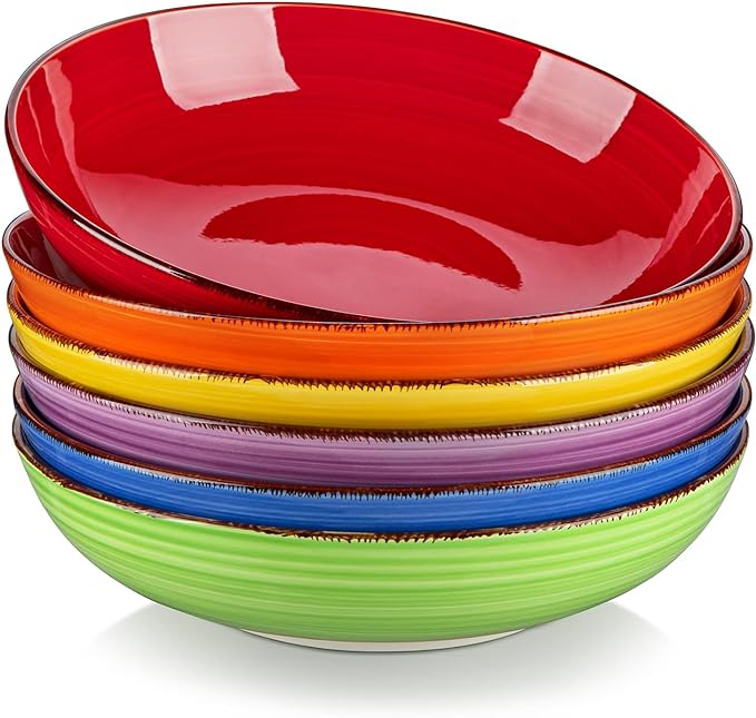 vancasso Bonita Pasta Bowls Set of 6, 38 oz Shallow Ceramic Bowls for Pasta, Salad, Soup & More - Microwave, Dishwasher & Oven Safe - Assorted Colors