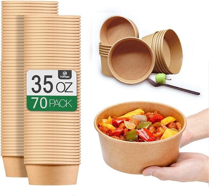 TOPtoper 35 Oz Large Paper Bowls【WITHOUT LIDS】 70 Pack Disposable Soup Bowls Plastic Free Party Supplies for Hot/Cold Food, Soup (35 OZ)
