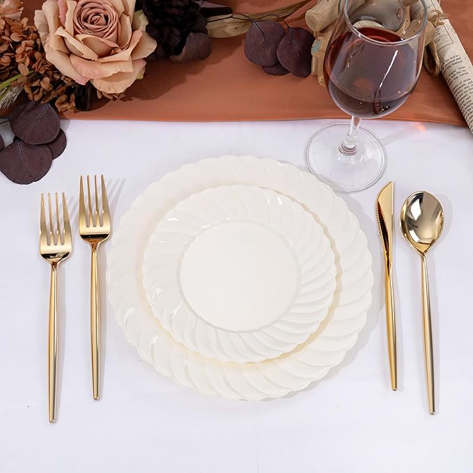 U-QE 100 Count 9 Inch Ivory Plastic Plates for Party - Scalloped Disposable Dinner Plates - Premium Hard Fancy Disposable Heavy Duty Party Supplies for Birthdays, Celebrations, Weddings and Events