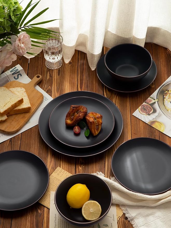 Famiware Venus Plates and Bowls Sets with Trim, 12 Pieces Stoneware Chip‑Resistant Dishes Dinnerware Set for 4, Matte Black - Microwave/Dishwasher Safe, Modern Minimalist, Everyday Meals/Formal Dining