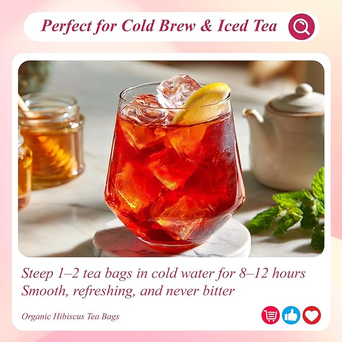 WT WEETEE Organic Hibiscus Tea Bags 100 Count, Caffeine-Free Herbal Tea for Hot & Cold Brew, 100% Pure Hibiscus Flowers, Balanced Tartness, Refreshing Iced Tea