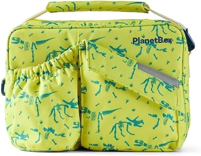 PlanetBox Insulated Lunch Bag – Banana Dino Edition Carry Bag with Pockets for Water Bottle and Snacks – Durable, Easy to Clean, and BPA Free