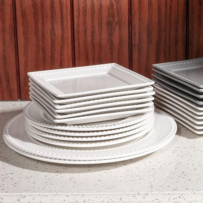 Embossed Ceramic Appetizer & Dessert Plates - Set of 6, 6 inch White Square Dinner Plates for Snack & Restaurant, Dishwasher & Microwave Safe
