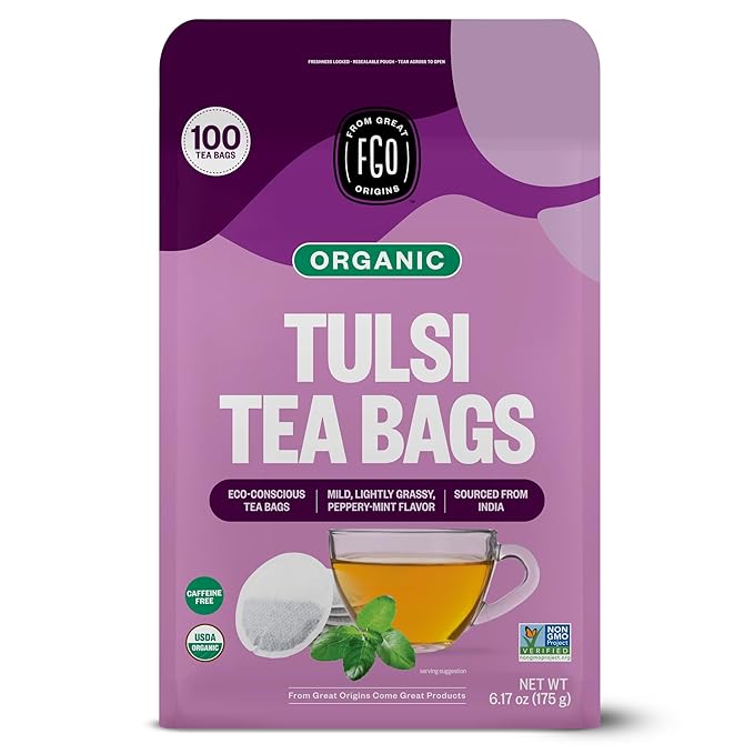 FGO Organic Tulsi Holy Basil Tea, 100 Count, Eco-Conscious Herbal Tea Bags, Resealable Bag, Caffeine Free, Packaging May Vary (Pack of 1)