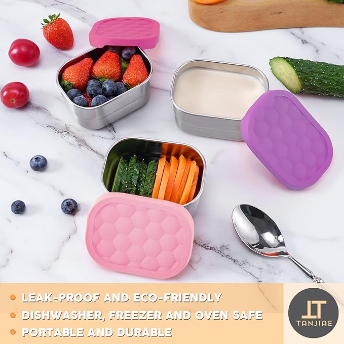 Tanjiae Small (1 CUP) Stainless Steel Snack Containers for Kids | Easy Open Leak Proof Food Containers with Silicone Lids - Perfect Metal Toddler Lunch Box for Daycare and School (8oz)