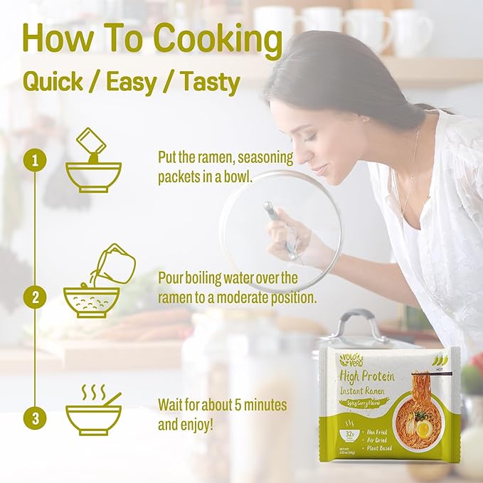 VOLO VERO High Protein (32g) Instant Ramen Noodles “Spicy” Curry Flavor Soup, 8 Pack, Vegan, Plant-Based, Low Fat, Non-Fried, Dairy-Free, Egg-Free, Non-GMO, Tasty Healthy Meal