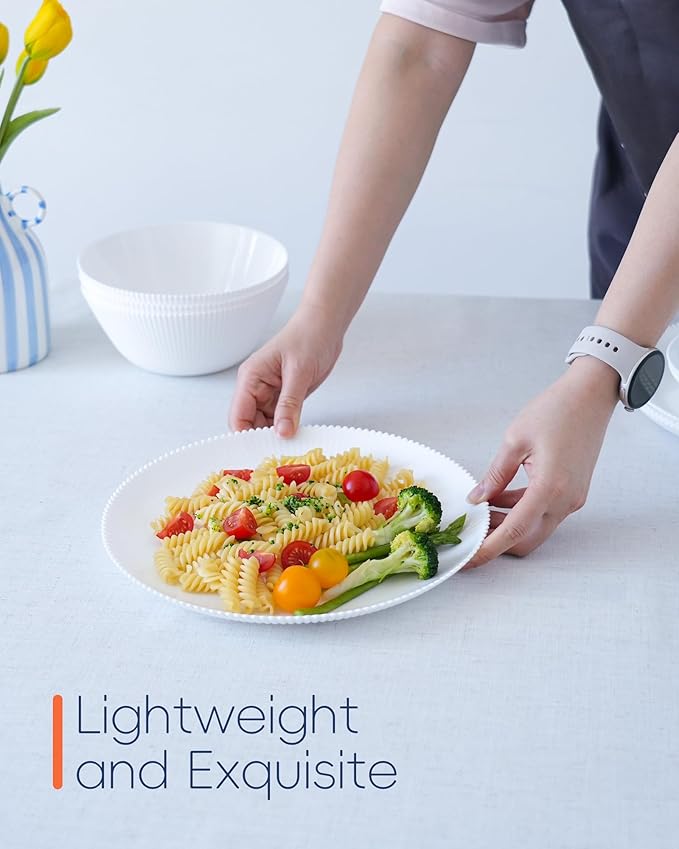 LaGlint 10.5 inch Ribbed Dinner Plate Set of 6, Round Opal Glass White Dinnerware Plates, Dishwasher and Microwave Safe