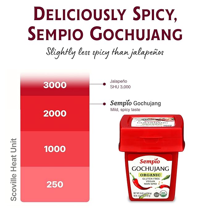 Sempio Gochujang Vegan Korean Red Chili Pepper Paste - Organic Gluten Free: Sweet Spicy Savory Paste, Traditional Fermented Condiment for Cooking, Marinades, Dips, Non GMO (8.8oz/250g)