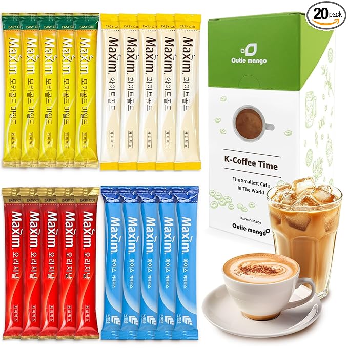 CUTIE MANGO Maxim & Ice Coffee Mix 20 Sticks | Korean Instant Coffee Sampler 4 Flavors Packets (5 Sticks Each) | White Mocha Original Ice Coffee Assortment Café Style | Camping Party Office Easy-Cut