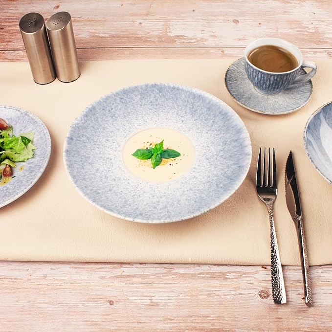 Soup Bowls, Soup Plates, 5.1 oz, Porcelain Pasta Bowl Set of 4, Wide edge Shallow Bowl Plates, Rimmed Bowls with Rim, Best choice for high-end restaurants and foodies,Azure blue, 9.8 Inch