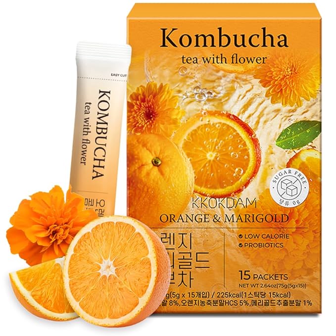 KKOKDAM Kombucha Tea - Orange & Marigold Korean Tea - Kombucha Drinks Probiotic Support, Low Calorie, Sugar Free Kombucha - 15 Packs
