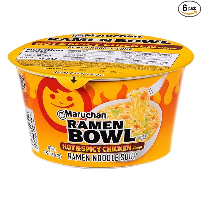 Maruchan Ramen Bowl, Hot & Spicy Chicken Flavor – Japanese-Style Instant Noodle Soup, Microwaveable Easy Meal for Busy Families – 3.39 Oz. (6 Pack)