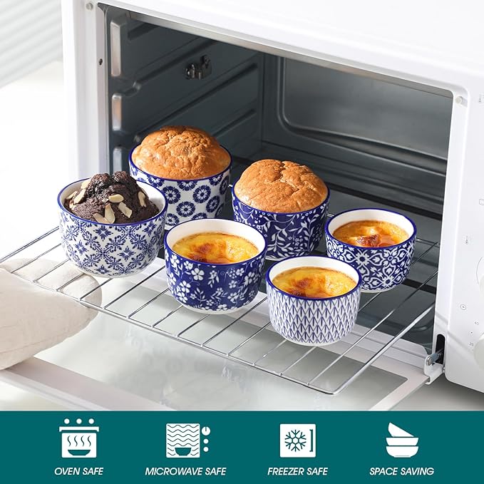 vancasso Selene 6 oz Ceramic Ramekins Set of 6, Microwave & Dishwasher Safe Souffle Cups for Baking, Dip & Sauce, Desserts, Handcrafted Blue Floral Bowls