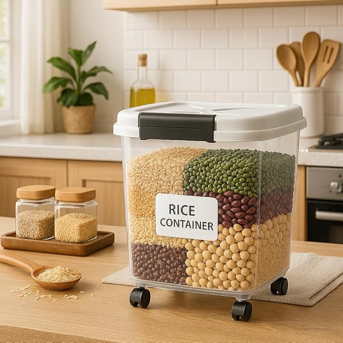 LivLab Mker Rice Dispenser - 50LBS Airtight food storage container with lids,cereal flour storage container with wheels, flour bin rice organizer (25KG)