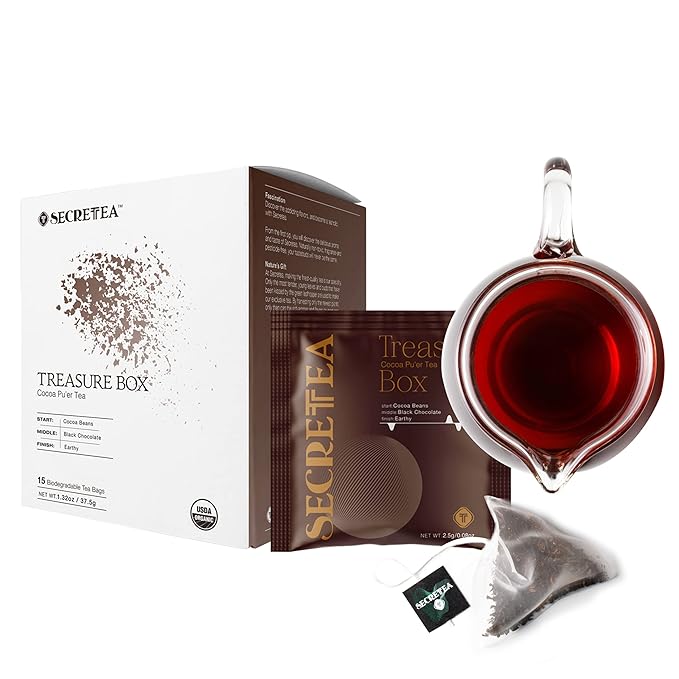 Organic Cocoa Pu-erh Loose Tea I POWERFUL Detox Immune I Heart & Digestion Support, 15 Sachet Tea Bags (15 Count) |By T SECRETEA, Treasure Box