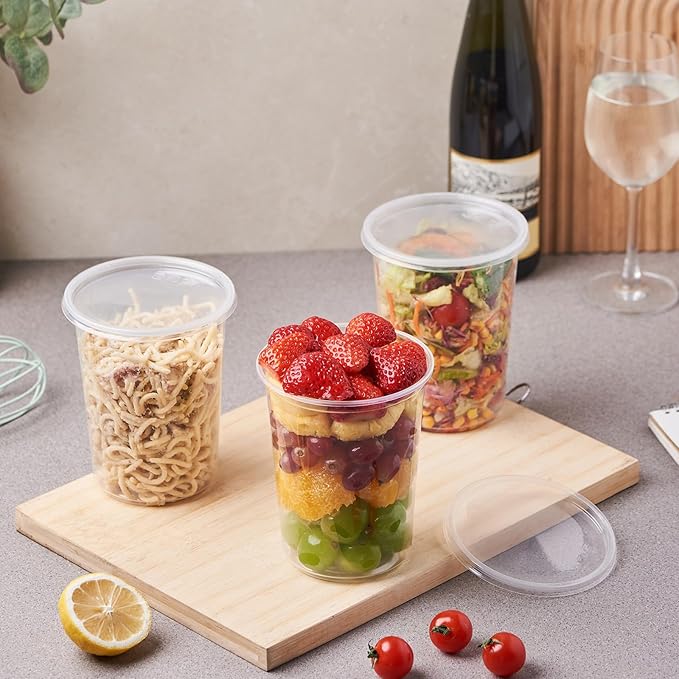 FULING 150 Sets - 32 oz. Plastic Deli Food Storage Soup Togo Containers With Airtight Lids Clear Disposable Takeout Quart Container