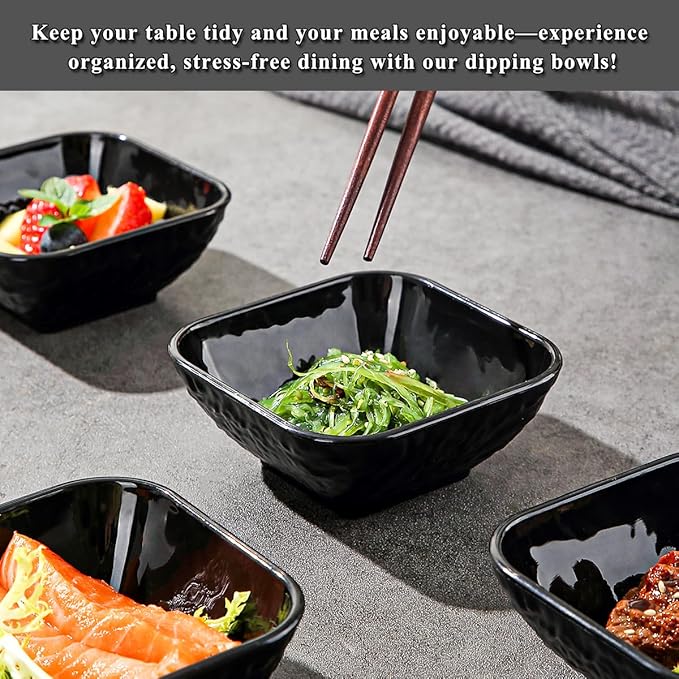 Berglander Dip Bowls Set 12pcs, 6 oz Black Plastic Dipping Bowls, Matte Stone Texture Soy Sauce Plates, Mini Appetizer Bowls for Side Dishes, Condiment Server for Tomato Sauce, Ketchup, BBQ, Party