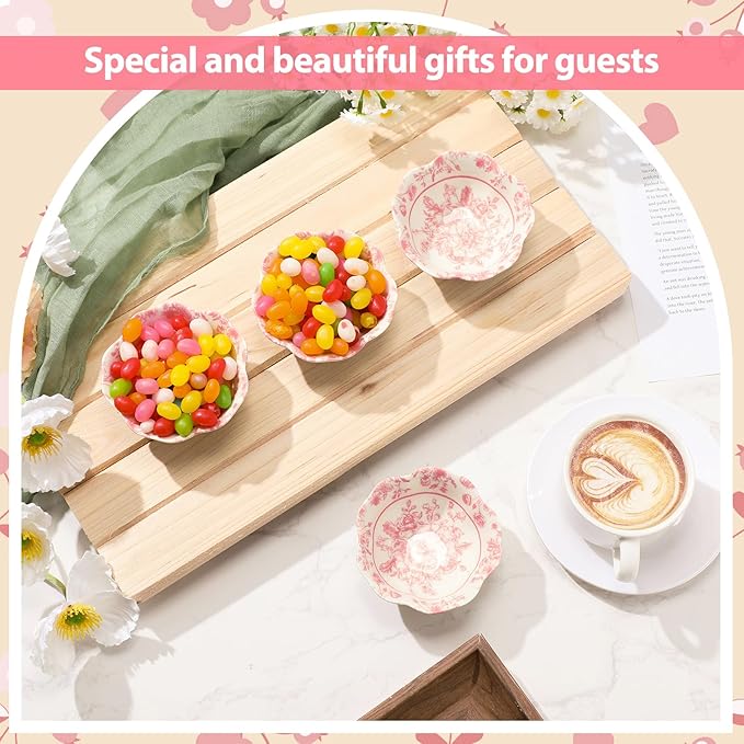 SiliFine 12 Pcs Wedding Favors for Guests Small Ceramic Bowl Bulk Gifts Set 3.3 Inch Floral Design Mini Dipping Sauce Dish with Card Box for Bridal Pooja Baby Shower Birthday (Flower,Pink)