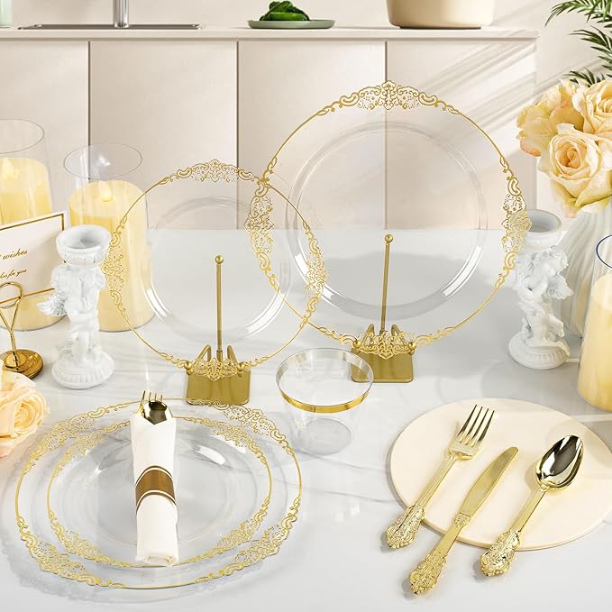 Bestluck 350PCS Clear Plastic Plates for 50 Guests, Disposable Dinnerware Sets Include 50 Gold Rim Plastic Plates, 25 Silverwares, 25 Cups, and 25 Pre Rolled Napkins for Party, Wedding and Graduation