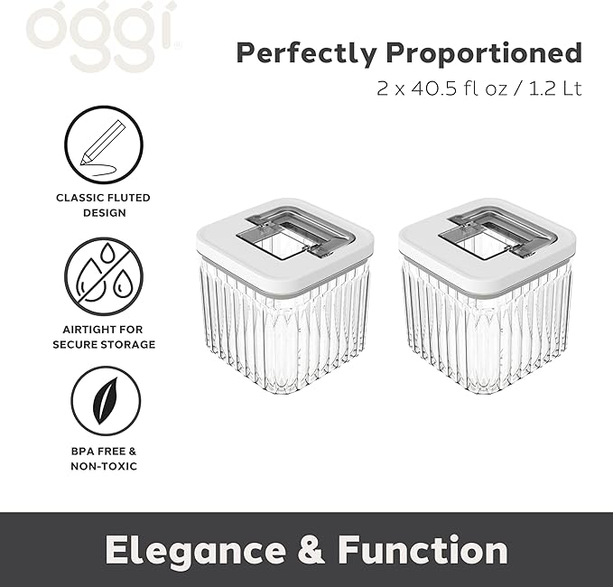 Oggi Airtight Clear Fluted Canister Set of 2 - Stackable Food Storage Containers with Lids, Vintage Modern Farmhouse Style, Kitchen Counter & Pantry Organization, Size - 2 x 40.5 fl oz / 1.2 Lt